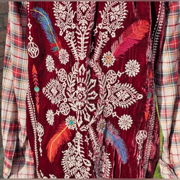 Johnny Was Plaid Embroidered Shirt | Size: L | Color: Burgandy - Picture 8 of 13
